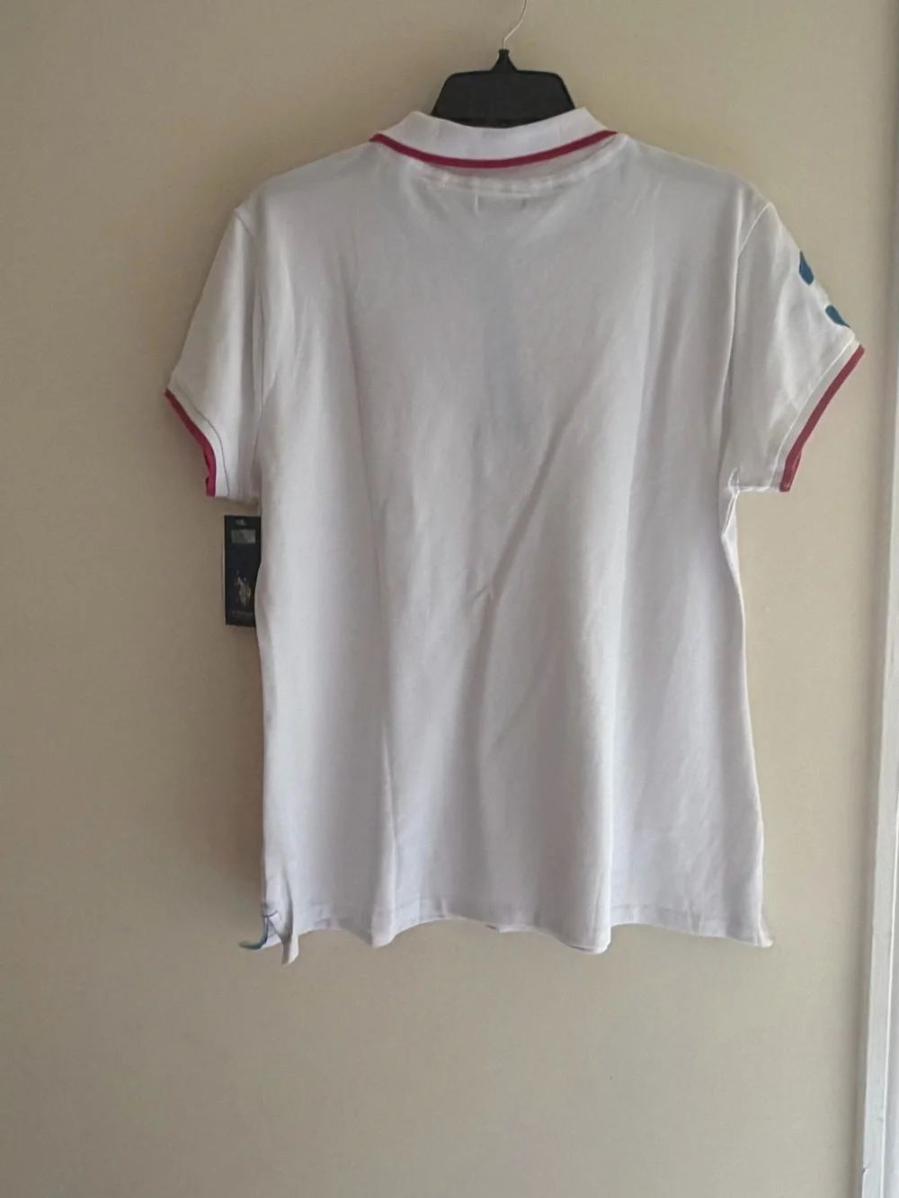 U.S. Polo Assn. White Polo with Pink Trim and Blue Sleeve Number